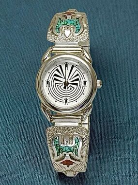 Navajo 925 Silver Tips With Inlaid Coral & Turquoise - Silver Indian Maze Watch